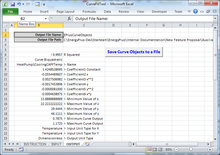 Curve Fit Tool Output Interface