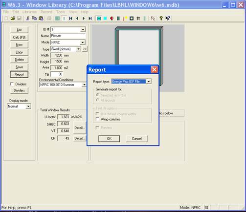 WINDOW screen for exporting IDF Window specifications