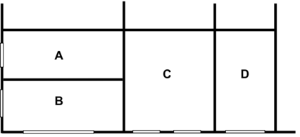 Rooms A, B, C and D have different daylighting characteristics. If lumped into a single thermal zone the daylighting calculation will be less accurate because the blockage of direct light by the interior walls between these rooms is modeled with some simplifications (see Interior Obstructions below). To get a good daylighting calculation each room should be input as a separate thermal zone. [fig:rooms-a-b-c-and-d-have-different-daylighting]